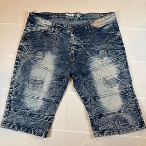 Mecca Since Day One Mens Acid Wash Distressed Moto Denim Shorts Blue Size 36